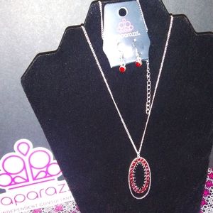 Silver and red stone necklace and earring set